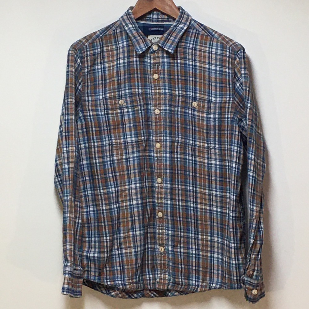 Fat Face Flannel Shirt Mens L Blue Brown Plaid Indigo Dye Cotton Button Down